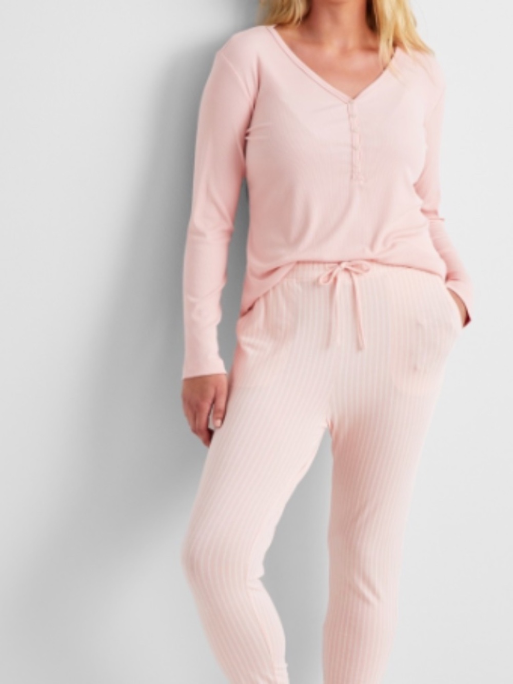 State of Day Women's Long-Sleeve Ribbed Henley Sleep Top Think Pink Small